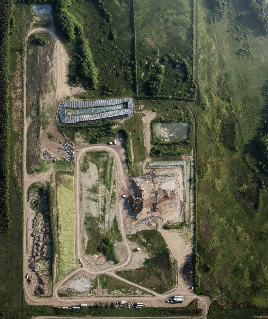 Aerial view of the Virden Landfill site showing the lined leachate pond, aggregate stockpiles, equipment yard, and access roads.